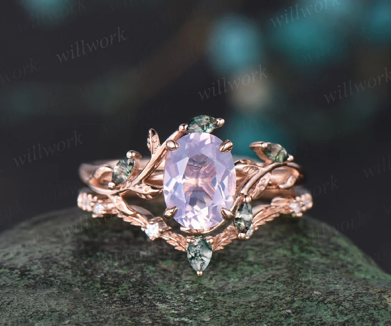 Vintage oval cut Lavender Amethyst engagement ring rose gold art deco cluster leaf nature inspired moss agate bridal wedding ring set women