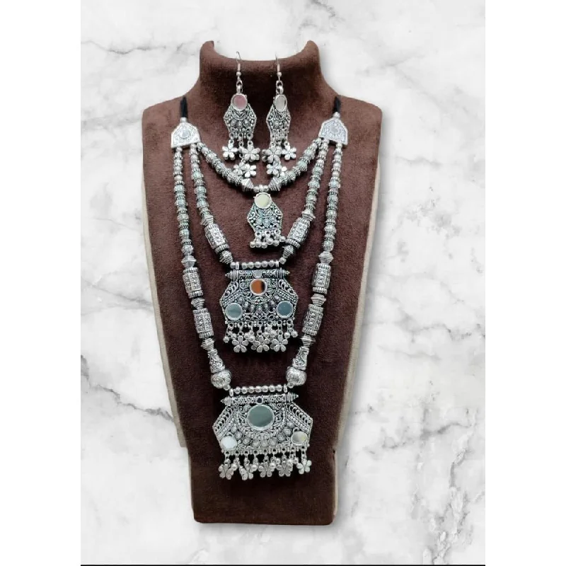 Akruti Collection Oxidised  Plated Long mirror Necklace Set