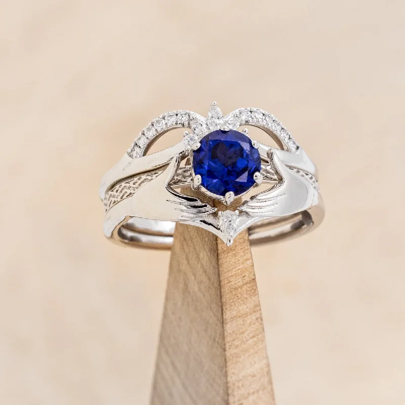 CLADDAGH BRIDAL SUITE - CELTIC KNOT LAB-GROWN BLUE SAPPHIRE SOLITAIRE ENGAGEMENT RING WITH DIAMOND ACCENT TRACER & CLADDAGH TRACER