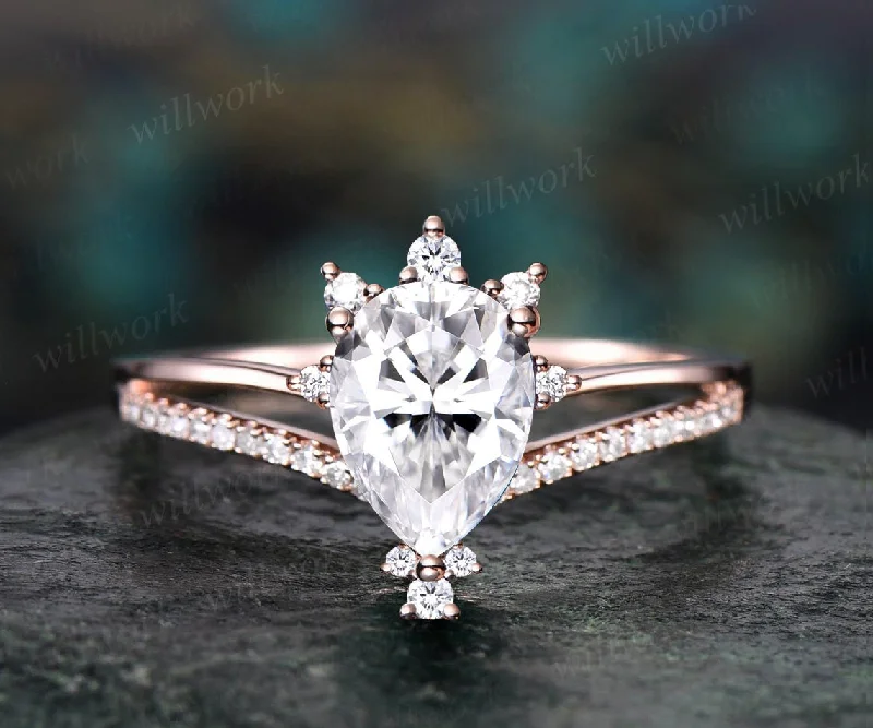 Vintage pear shaped moissanite engagement ring 14k rose gold half eternity cluster split shank diamond ring unique wedding ring women gift