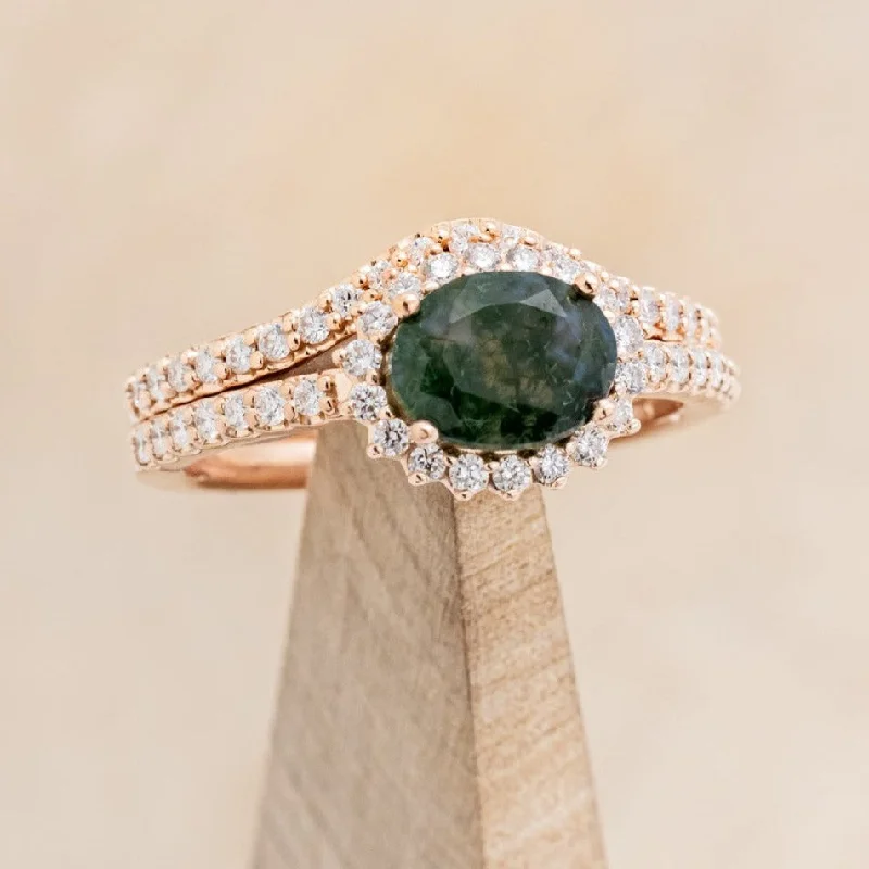 "WHIMSY" - OVAL CUT MOSS AGATE ENGAGEMENT RING WITH DIAMOND ACCENTS & TRACER