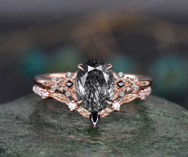 Vintage oval black rutilated quartz engagement ring leaf nature inspired black spinel diamond ring women art deco bridal promise ring set