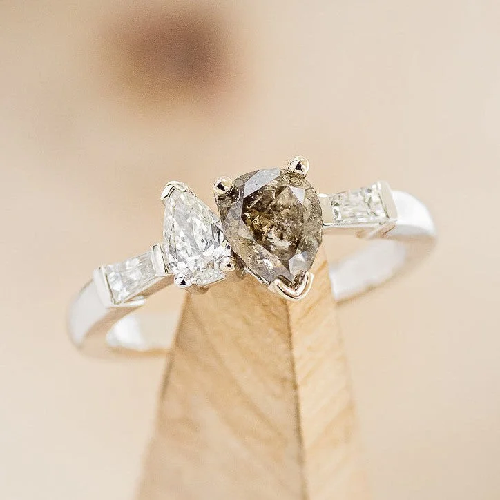 "JULIETTE" - TOI ET MOI PEAR CUT SALT & PEPPER DIAMOND ENGAGEMENT RING WITH DIAMOND ACCENTS