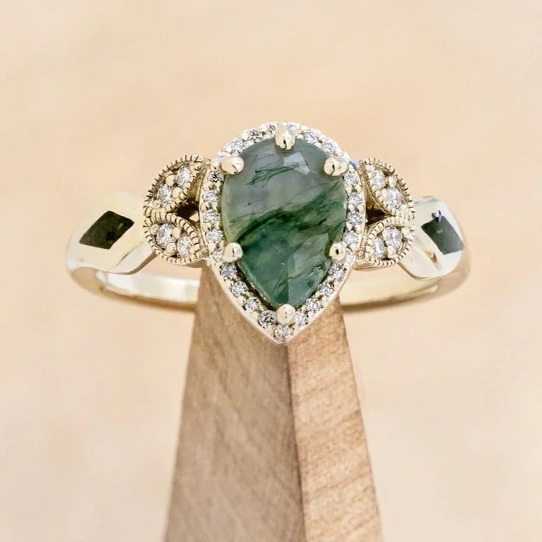 "LUCY IN THE SKY" - PEAR CUT MOSS AGATE ENGAGEMENT RING WITH DIAMOND HALO & MOSS INLAYS