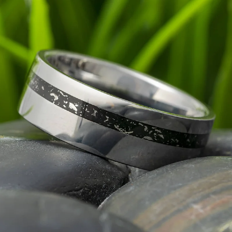 Black Stardust In Simple Titanium Band, Meteorite Ring