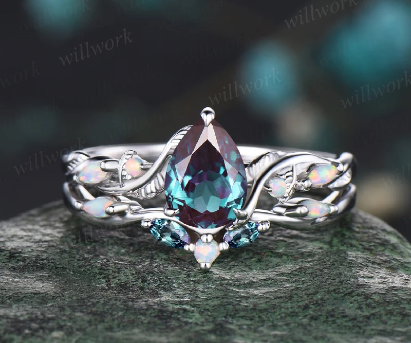 Vintage June Birthstone Pear Cut Alexandrite Engagement Ring Set Five Stone Opal Wedding Band Nature Inspired 2pcs Bridal Ring Set Vine Twig Branch Leaf Promise Ring Set