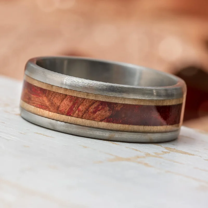 Redwood & Maple Wood Wedding Band, Double Wood Inlay Ring