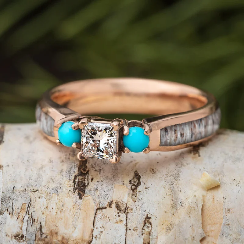 Unique Three Stone Engagement Ring with Antler and Turquoise