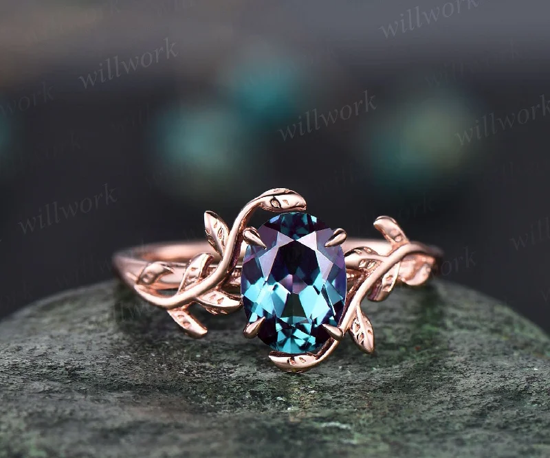 Vintage Alexandrite engagement ring leaf flower 14k rose gold ring oval cut color change Alexandrite ring for women sterling silver jewelry