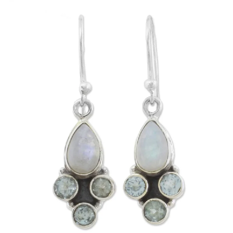 NOVICA Handmade Rainbow Moonstone and Blue Topaz Dangle Earrings, 'Enthralling Sky in Blue' (India) - 1.5*0.4