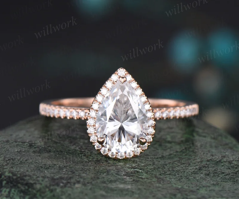 Vintage pear shaped moissanite engagement ring rose gold half eternity halo diamond ring unique stacking wedding bridal ring women