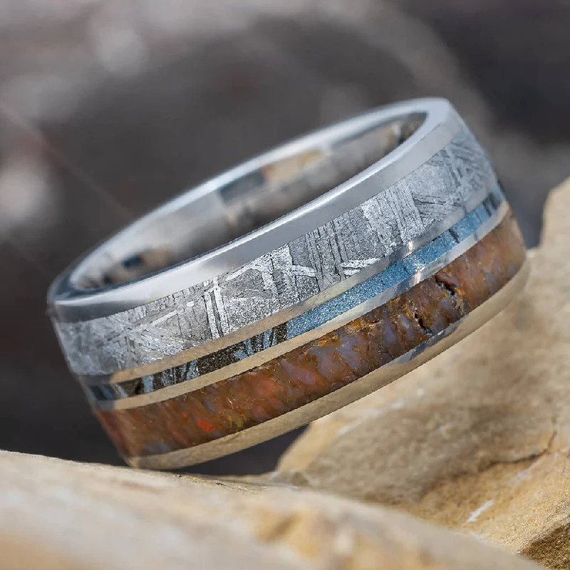 Cobaltium Composite Mokume Ring with Dinosaur Bone and Meteorite