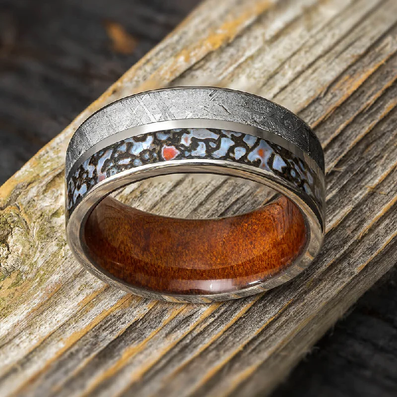 Meteorite Ring, Dinosaur Bone Wedding Band with Whiskey Barrel Sleeve