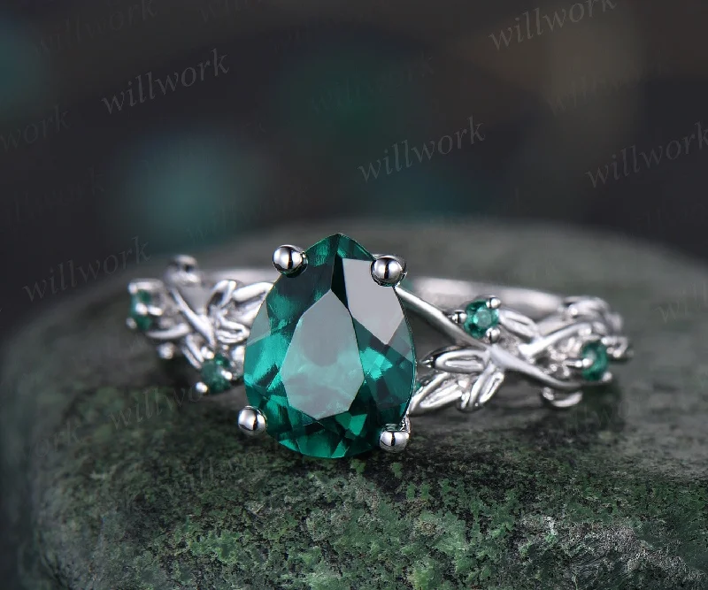 Vintage pear shaped green emerald engagement ring women art deco leaf nature inspired five stone emerald ring white gold anniversary ring