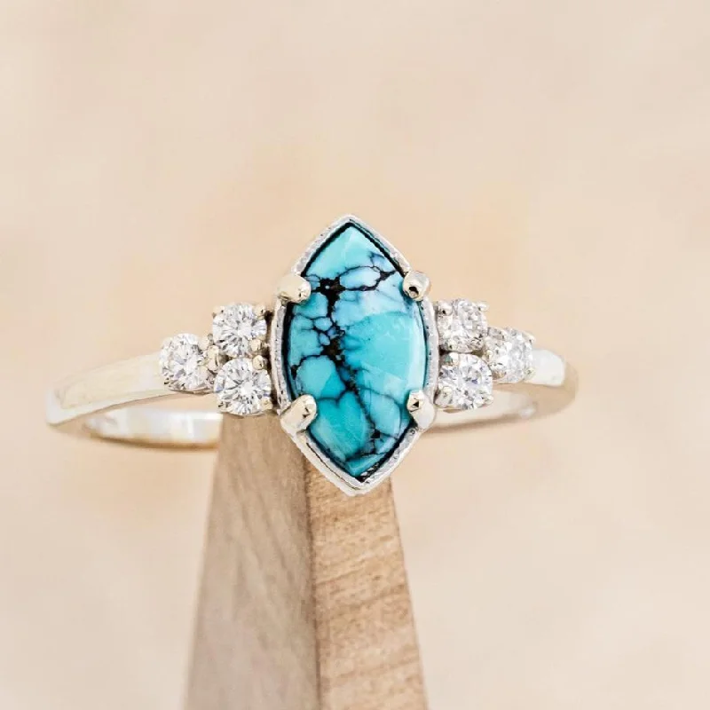 "RAYA" - MARQUISE CABOCHON CUT TURQUOISE ENGAGEMENT RING WITH DIAMOND ACCENTS