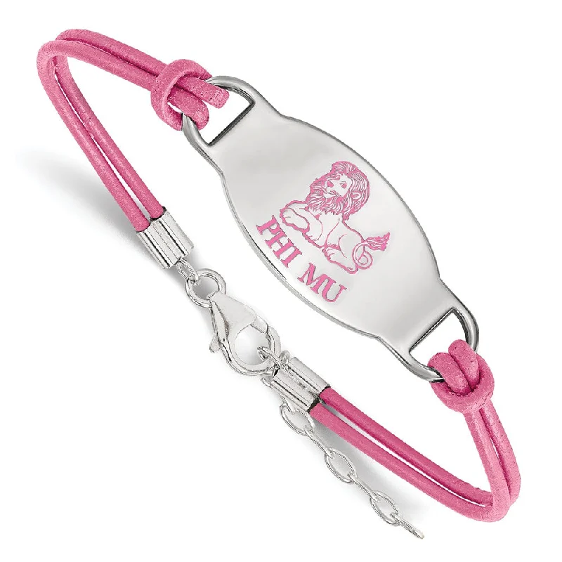 Sterling Silver Phi Mu Enamel Pink Leather Bracelet - 7 in.