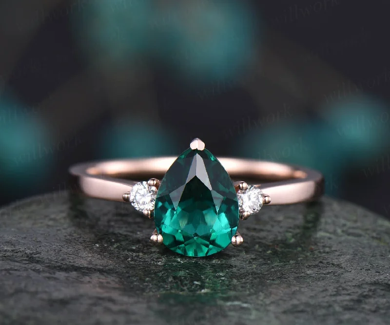 Pear shaped emerald engagement ring three stone ring diamond ring for women solid rose gold vintage unique ring May birthstone ring gift