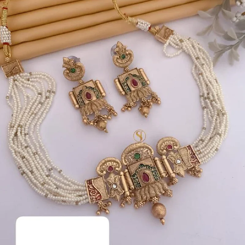 FS Collection Gold Plated Pota Stone And Pearls Choker Meenakari  Necklace Set