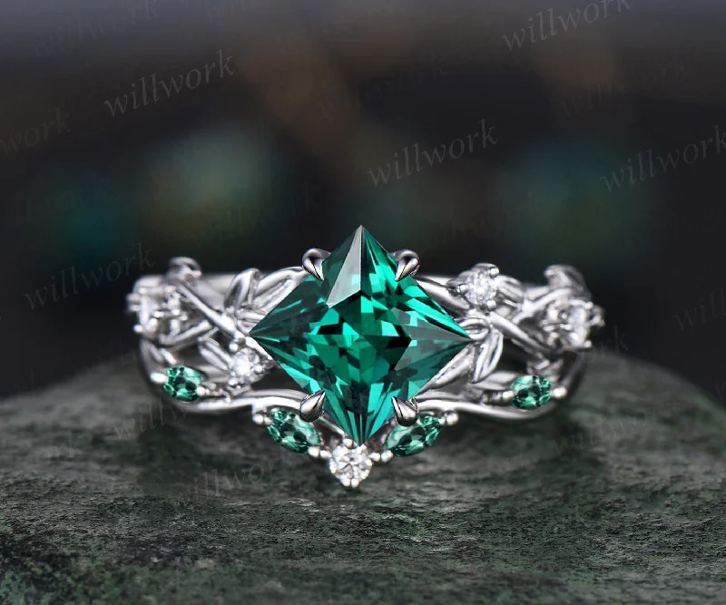 Princess cut green emerald engagement ring set 14k white gold five stone leaf branch Nature inspired ring diamond bridal ring set women gift