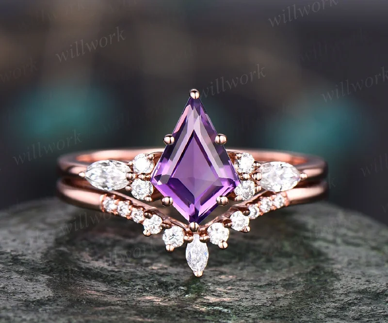 Vintage kite cut purple amethyst ring unique amethyst engagement ring set rose gold marquise cut diamond ring set bridal wedding ring set