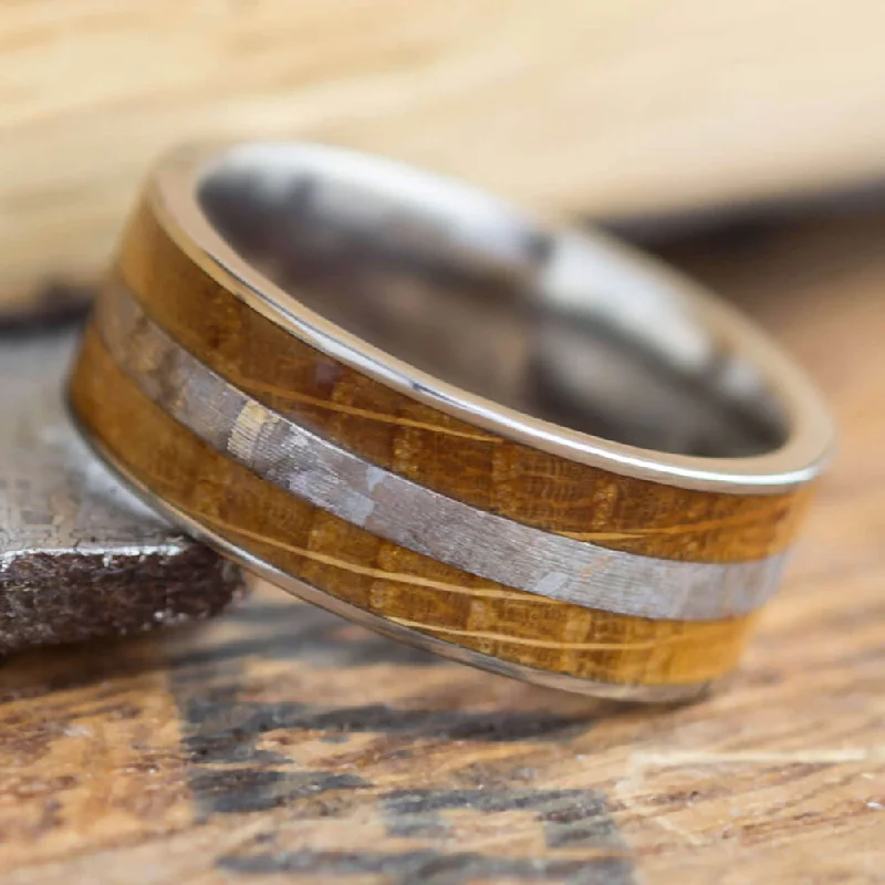 Whiskey Oak Ring With Meteorite, Wooden Men's Wedding Band