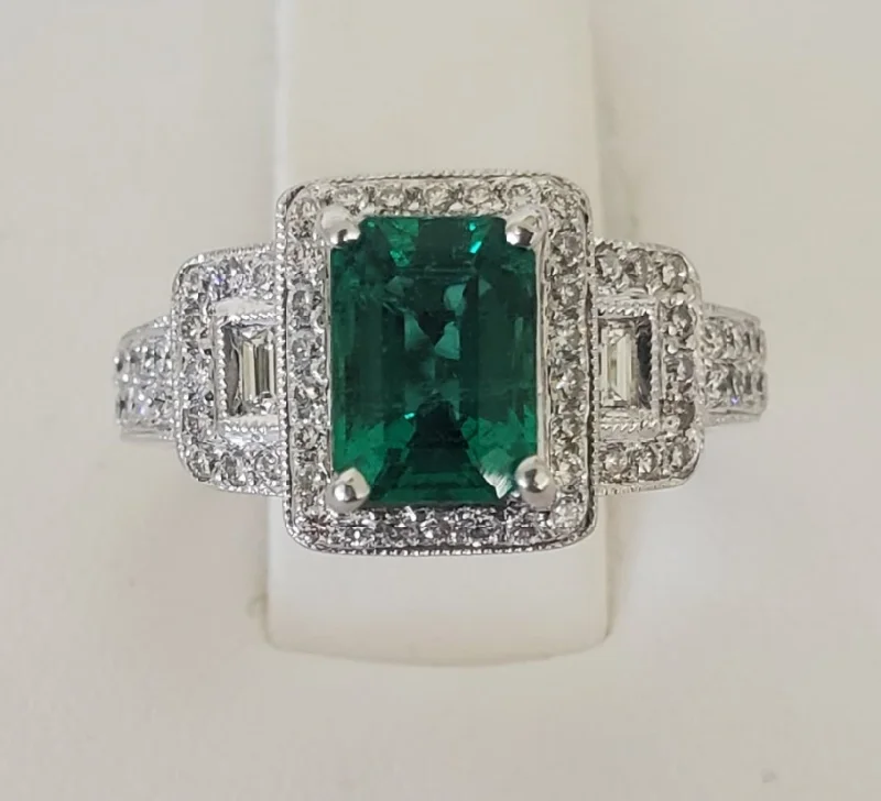 18kt White Gold Emerald Cut Emerald and Diamond Ring