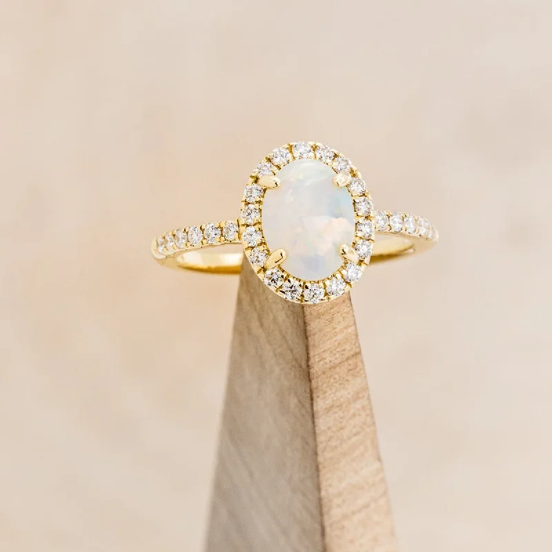 "OLIVIA" - OVAL WHITE OPAL ENGAGEMENT RING WITH DIAMOND HALO & ACCENTS