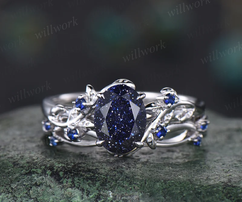 Unique Blue Sandstone Engagement Ring Set Leaf Vine Twig Branch Nature Inspired Ring Set Blue Sapphire 2pcs Bridal Ring Set