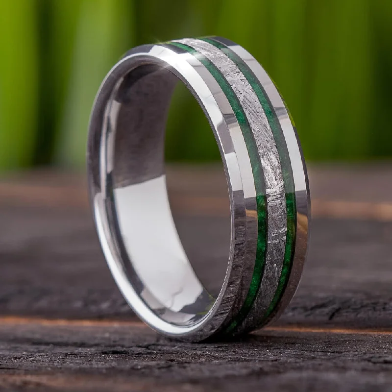 Men's Meteorite Wedding Band with Green Wood