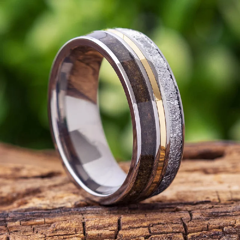 7mm Dinosaur Bone & Meteorite Ring with Gold Pinstripe