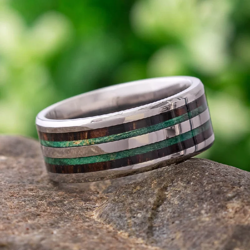 Mahogany Wedding Band with Green Box Elder Wood Burl