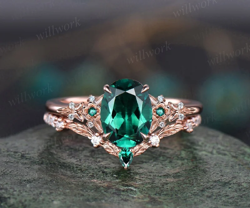 Vintage oval green emerald engagement ring 14k rose gold twig leaf floral antique unique cluster diamond bridal wedding ring set women gift