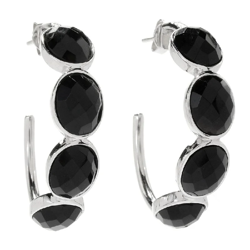 Sterling Silver 1.5" Checkerboard Cut Black Onyx 4-Stone Hoop Earrings