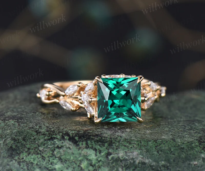 Unique princess cut emerald engagement ring marquise moissanite cluster twig floral ring May birthstone anniversary wedding ring