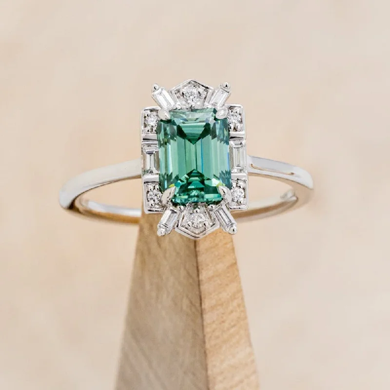 "CLEOPATRA" - EMERALD CUT GREEN MOISSANITE ENGAGEMENT RING WITH DIAMOND ACCENTS