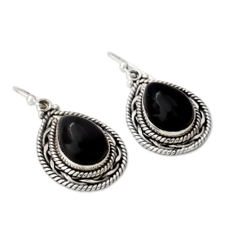 Handmade Palace Memories Modern Black Onyx Pear Gemstones Set in Rope Bezel of 925 Sterling Silver Dangle Earrings (India)