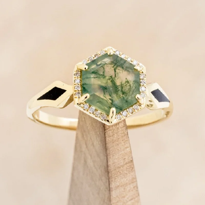 "CRAZY ON YOU" - HEXAGON CUT MOSS AGATE ENGAGEMENT RING WITH DIAMOND HALO & JET STONE INLAYS