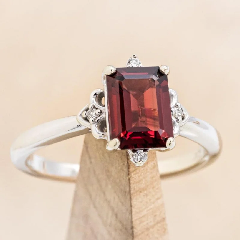 "ZELLA" - EMERALD CUT MOZAMBIQUE GARNET ENGAGEMENT RING WITH DIAMOND ACCENTS