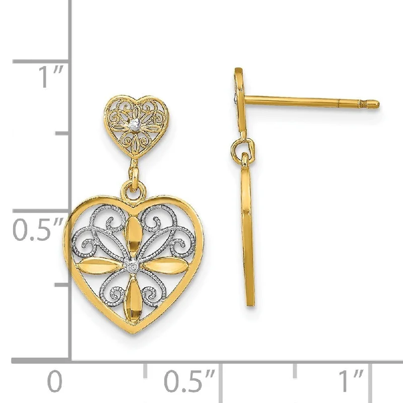 Diamond2Deal 14K Yellow Gold RH Flower and Heart Beaded Filigree Dangle Earrings (L-19 mm, W-11 mm)