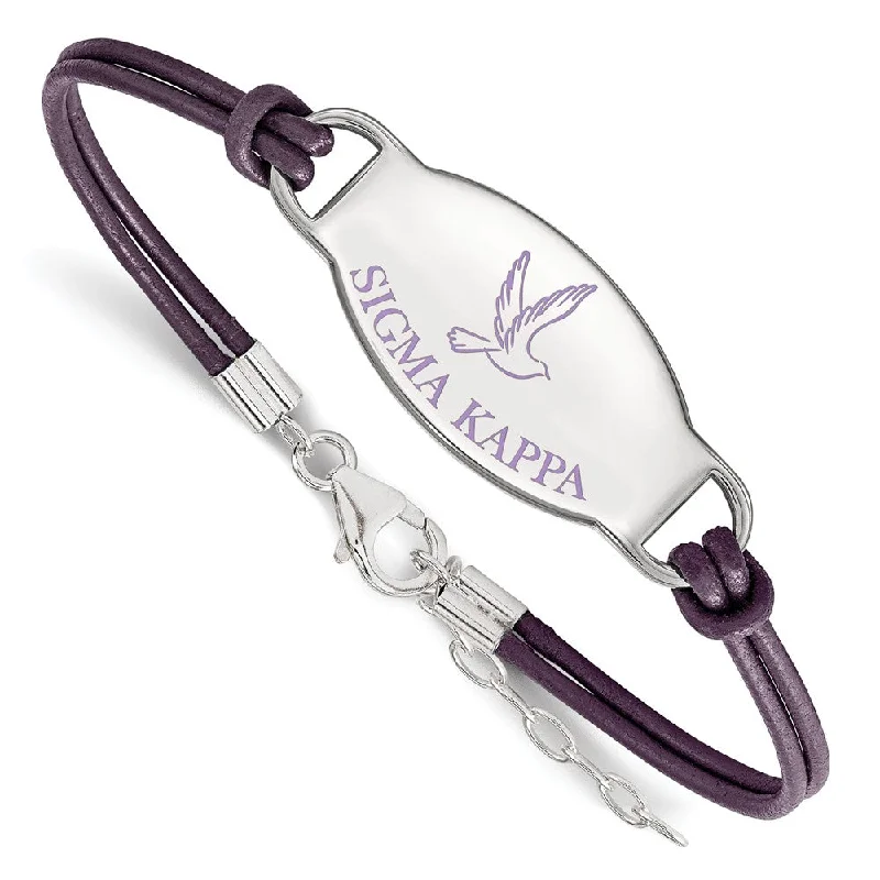 Sterling Silver Sigma Kappa Enamel Purple Leather Bracelet - 7 in.