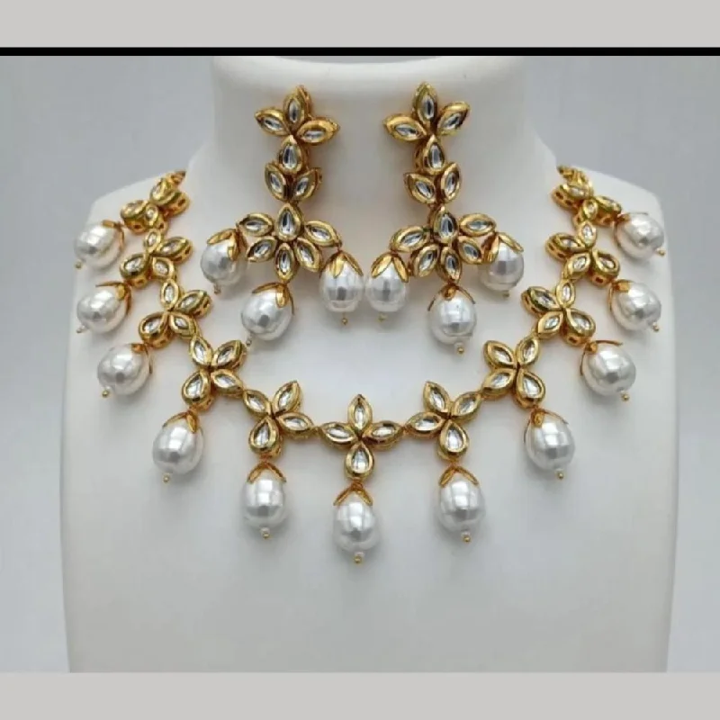 FS Collection Gold Plated Kundan Stone And Pearls Necklace Set