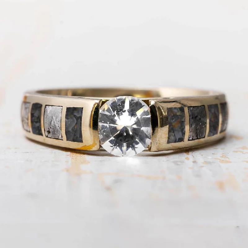 Moissanite Ring with Dinosaur Bone and Meteorite