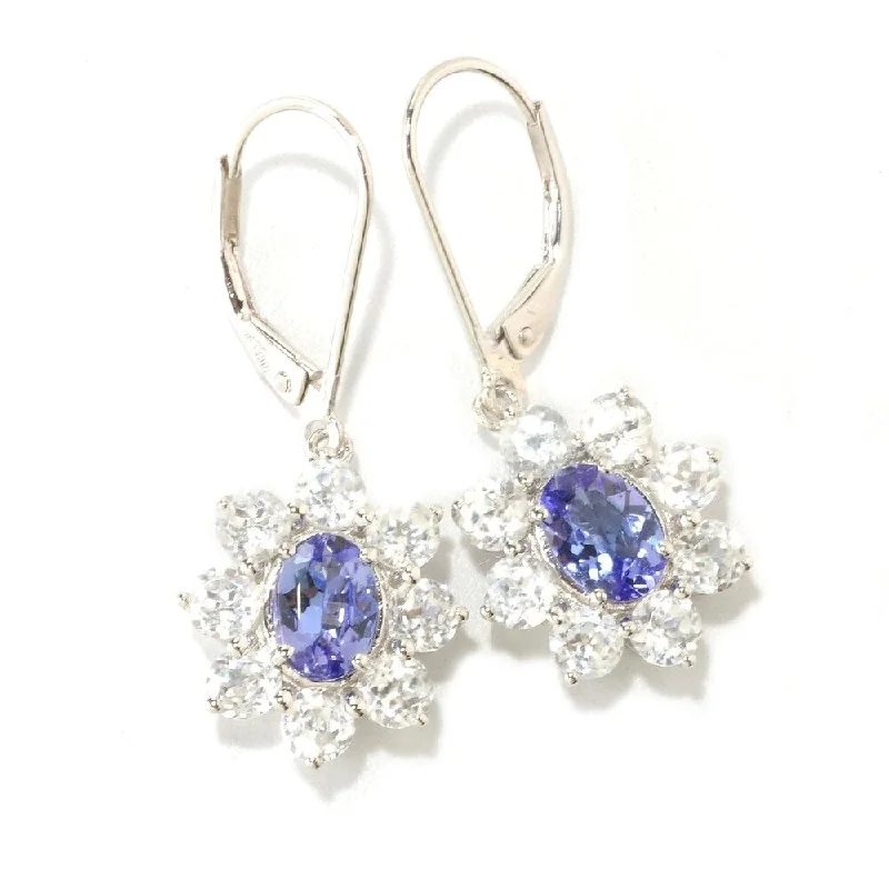 Ster Silver Tanzanite & White Natural Zircon Dangle Flower Earrings - Blue