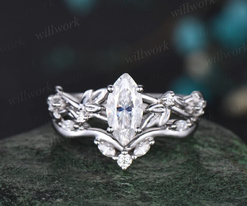 Vintage marquise cut moissanite engagement ring women twig leaf Nature inspired white gold ring branch diamond bridal ring set gift