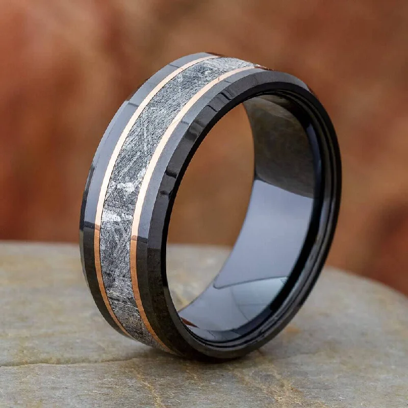 Black Ceramic Wedding Band With Authentic Meteorite