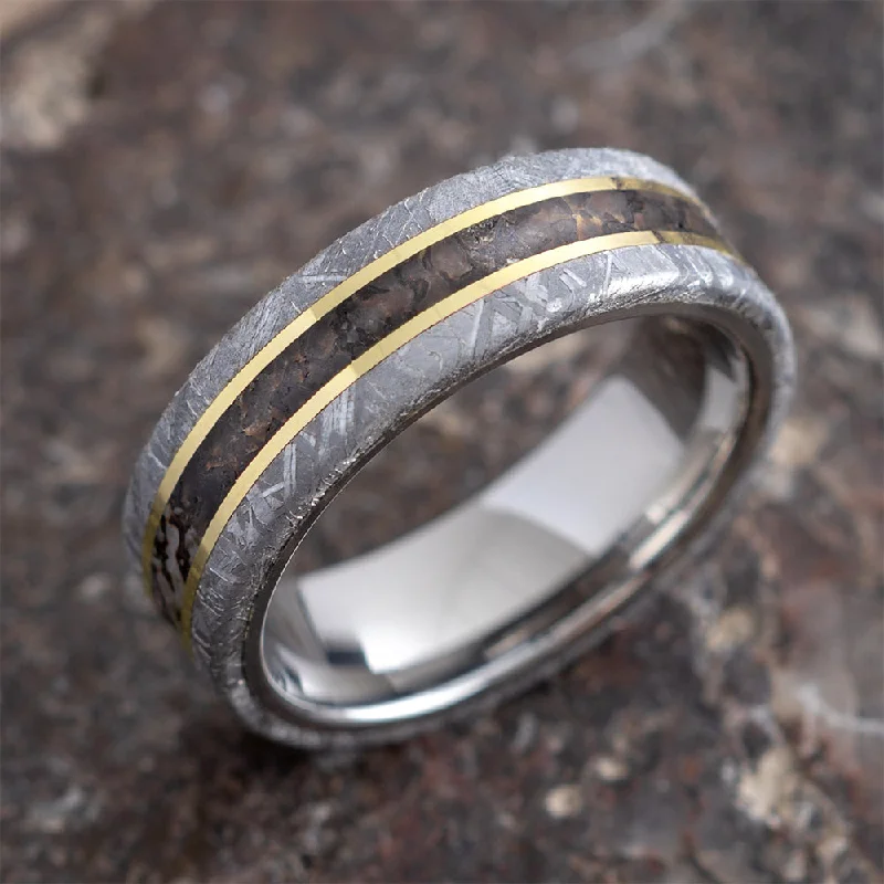 Meteorite and Dinosaur Bone Ring with Gold Pinstripes