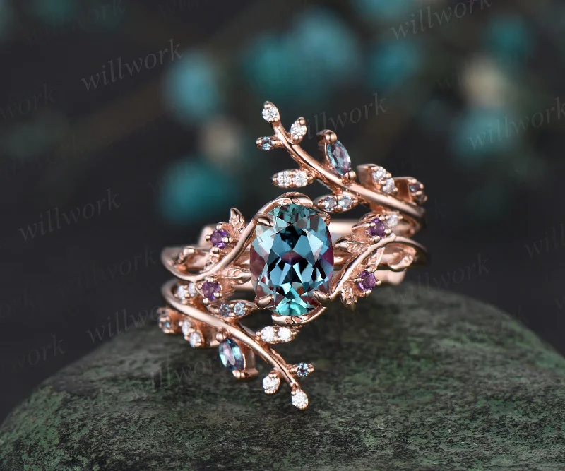 Vintage oval alexandrite engagement ring nature inspired leaf amethyst ring rose gold wedding band enhancer twisted bridal ring set women