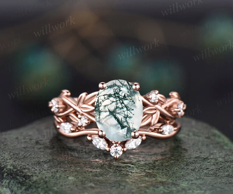 2ct Twig oval cut moss agate engagement ring set 14k rose gold five stone leaf branch Nature inspired ring diamond bridal ring set for women