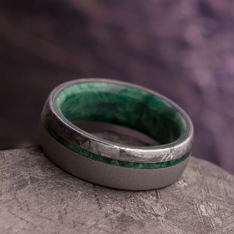 Sandblasted Men's Wedding Band With Green Box Elder Wood And Meteorite