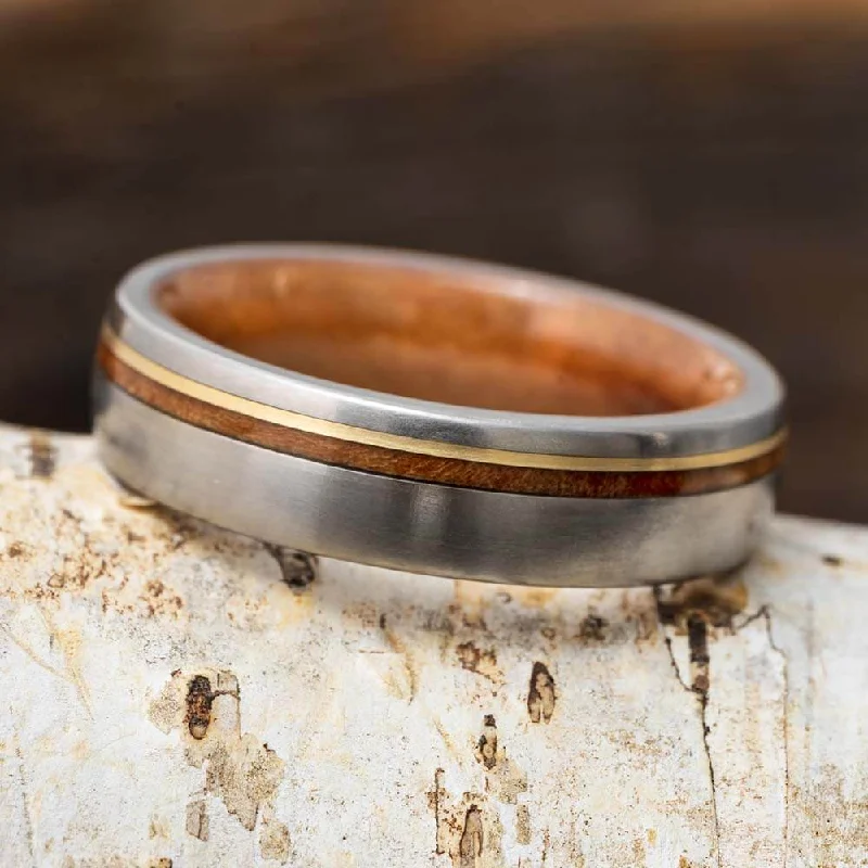 6mm Wood & Yellow Gold Pinstriped Wedding Band